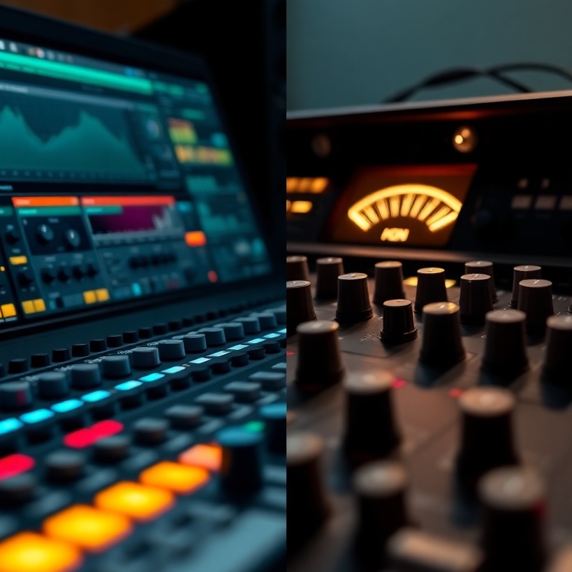 A photorealistic image showcasing a split-screen view: On one side, a detailed close-up of a digital audio workstation interface with complex plugins and waveforms. On the other side, a vintage analog mixing console with glowing VU meters and intricate knobs. The lighting is soft and balanced, highlighting the details of both technologies. Color palette: deep blues and greens for digital, warm oranges and reds for analog. The composition emphasizes the interplay between the two technologies. 4K resolution.